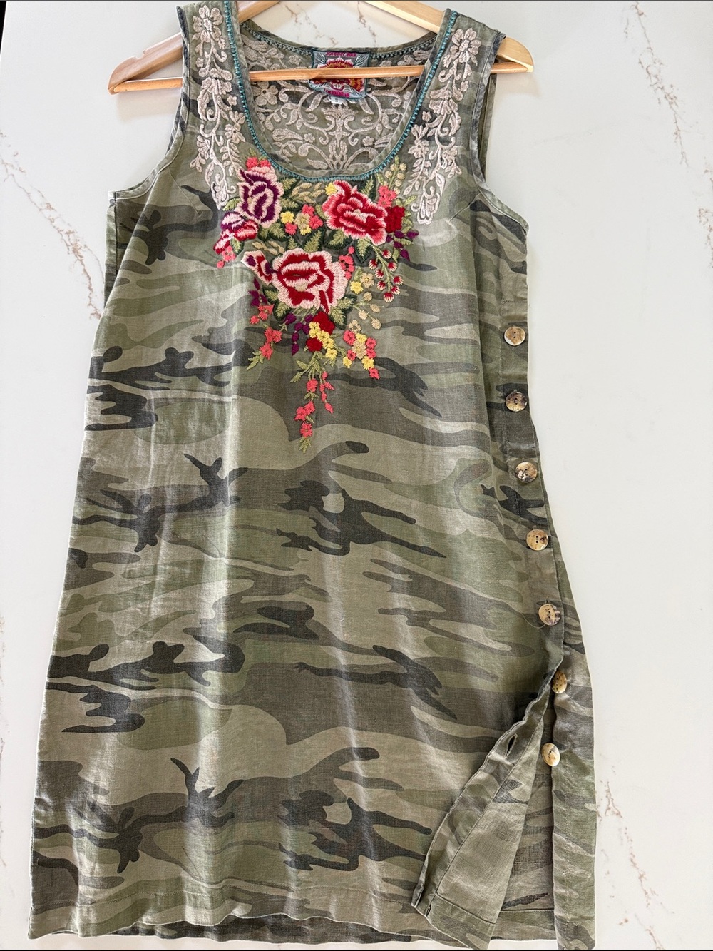 Johnny Was Green Camo Midi Dress with Red Floral Embroidery